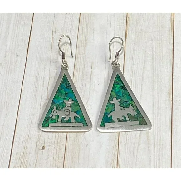 Taxco Mexico 925 Earrings Turquoise Inlay Man Riding Donkey Artist JGC - Picture 3 of 7